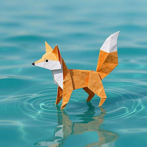 Photograph of an orange and white origami fox standing in clear blue water, with ripples around its legs.