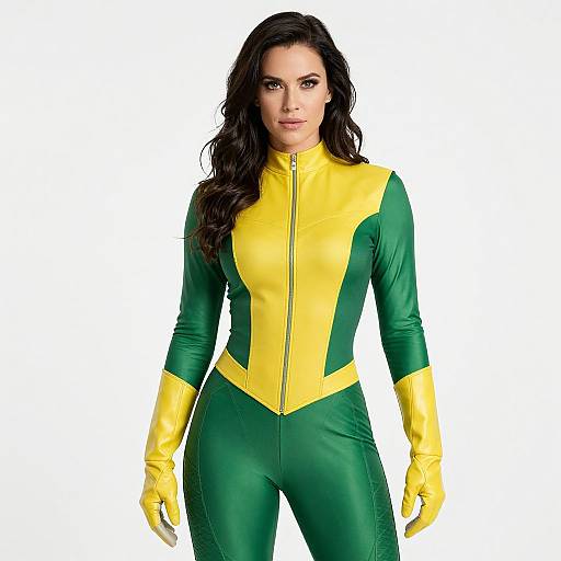 Photograph of a woman with long black hair, wearing a form-fitting green and yellow superhero suit with gloves, standing against a white background.