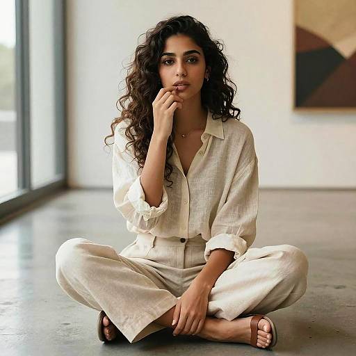 Young Middle Eastern Woman in Cream Linen Outfit