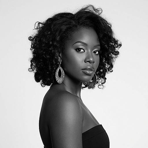 Photograph of a beautiful, dark-skinned African woman with curly hair, wearing elegant feather earrings and a strapless black top, against a white background