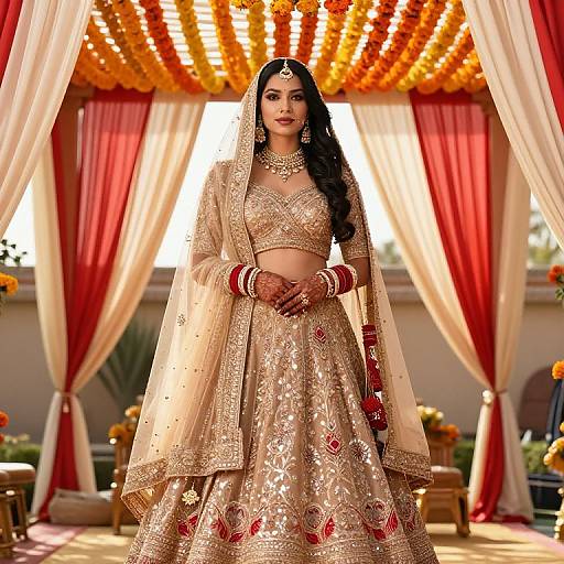 Photograph of a beautiful South Asian bride in a gold and red embroidered lehenga, veil, and jewelry, standing under a floral canopy with red and