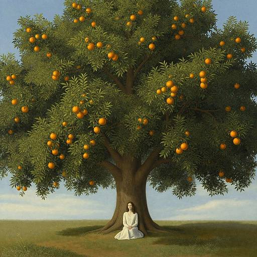 Digital painting of a serene woman in a white dress sitting at the base of a lush orange tree, surrounded by vividly detailed green leaves and bright orange