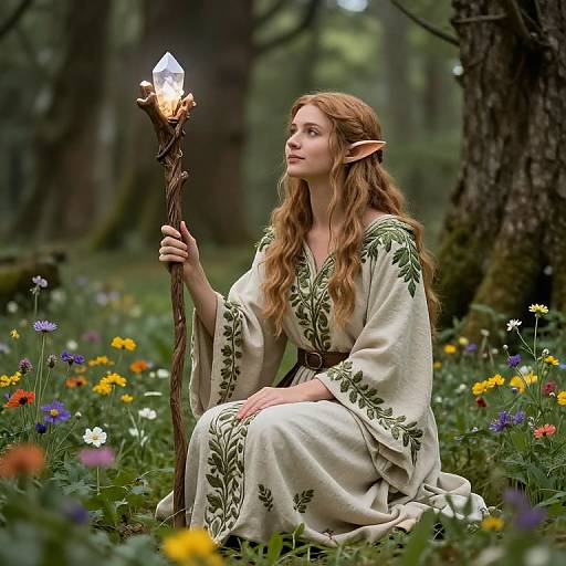 Photograph-style digital artwork of a fair-haired, elven woman with pointed ears, wearing a white, leaf-embroidered dress, holding a