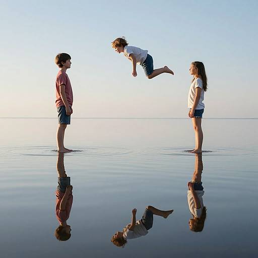 Photograph of three children in casual clothes, standing on a calm, reflective body of water; one child mid-jump, mirrored reflections, clear blue