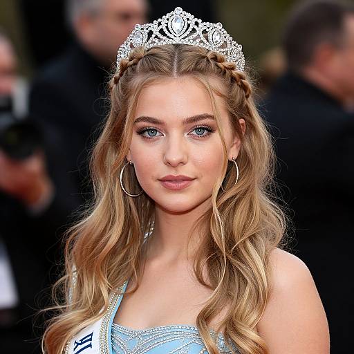 Photograph of a beautiful blonde woman with wavy hair, blue eyes, wearing a silver tiara and hoop earrings, in a blue dress, against