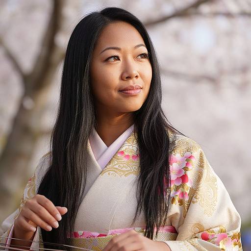 Photograph of an Asian woman with long black hair, wearing a white kimono adorned with gold patterns and pink flowers, standing outdoors with blurred tree branches