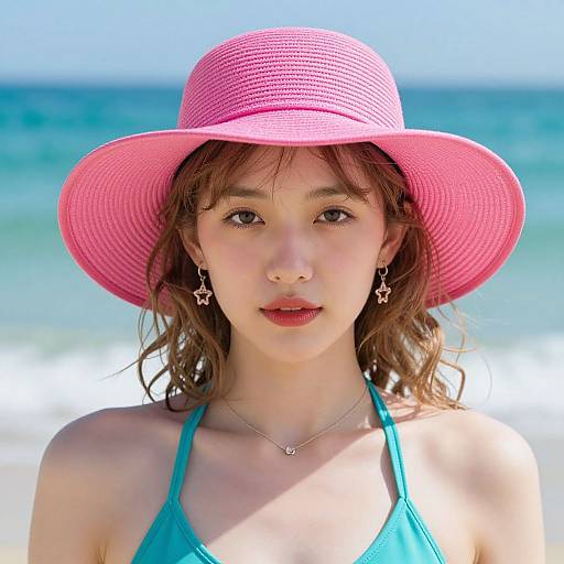 Photograph of an Asian woman with fair skin, brown wavy hair, wearing a pink sunhat, teal halter top, star earrings, and
