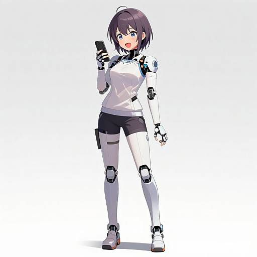 Anime-style digital drawing of a cute, short-haired girl with purple hair, wearing a white and black robotic bodysuit, holding a smartphone, standing