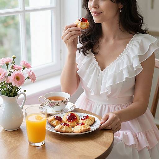 Photograph of a woman with long black hair, wearing a white ruffled dress, eating a jam-topped pastry at a sunlit table with orange