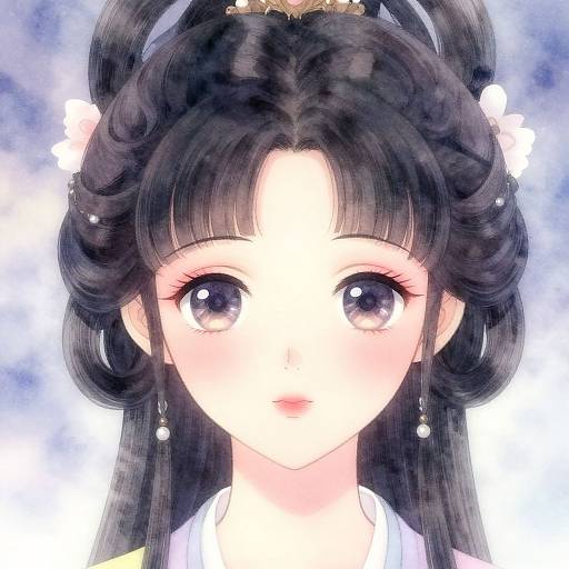 Digital anime-style portrait of a young girl with large, shining brown eyes, black curly hair, pearl earrings, and a crown, set against a soft