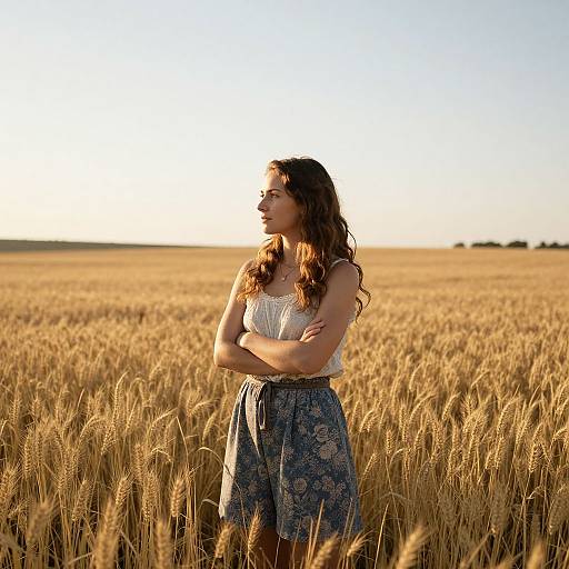 Young woman with wavy brown hair in white top and floral blue skirt stands arms crossed in golden wheat field at sunset.