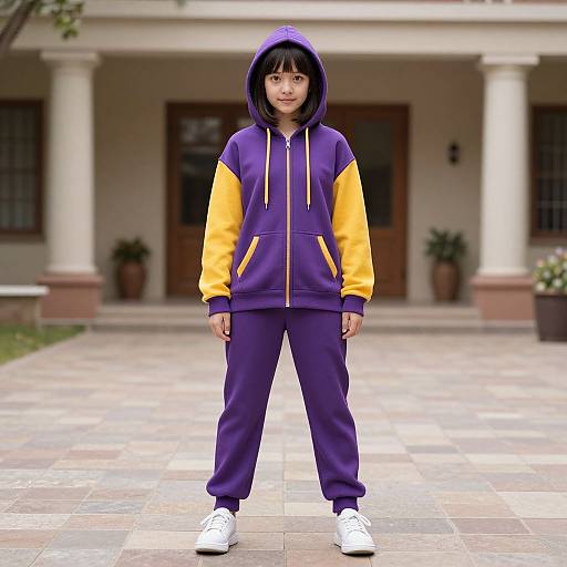 Photograph of a young boy standing on a tiled porch, wearing a purple and yellow hooded jacket, matching pants, and white sneakers, with a
