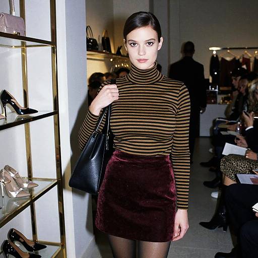 Photograph of a fair-skinned woman with dark hair in a sleek side part, wearing a striped brown turtleneck, maroon velvet skirt,