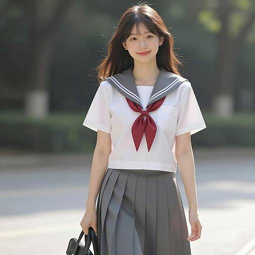 Asian Woman in Sailor-Style School Uniform Outdoors