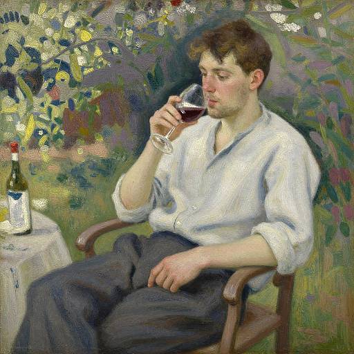 Impressionist painting of a fair-skinned man with brown hair, wearing a white shirt and dark pants, sipping red wine in a colorful garden