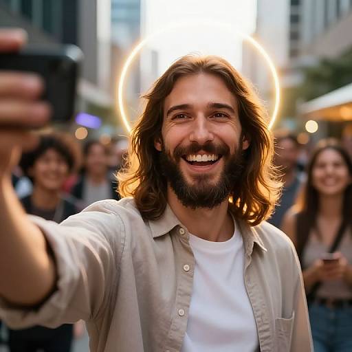 Photograph of a smiling, bearded man with long brown hair and a glowing halo, wearing a white shirt, taking a selfie in a bustling city