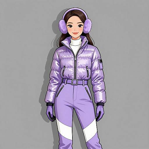 Digital anime-style drawing of a smiling woman in a shiny lavender puffer jacket, matching pants, white turtleneck, purple gloves, and earmuffs