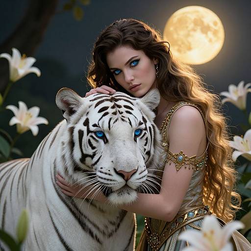 Enchanted Bond: Woman and White Tiger
