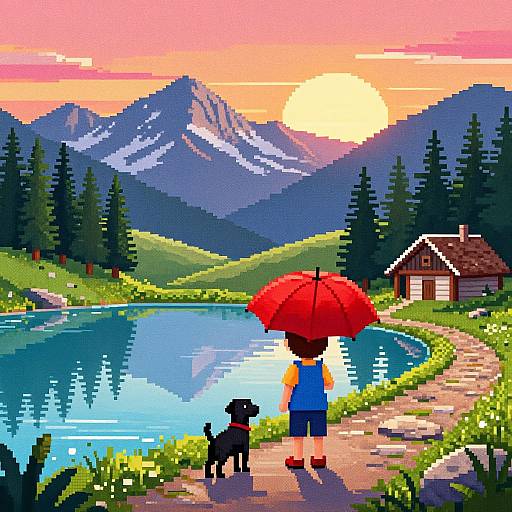 Pixel art: Child with red umbrella, blue shirt, black dog by serene lake, sun setting over mountains, wooden cabin, pine trees.