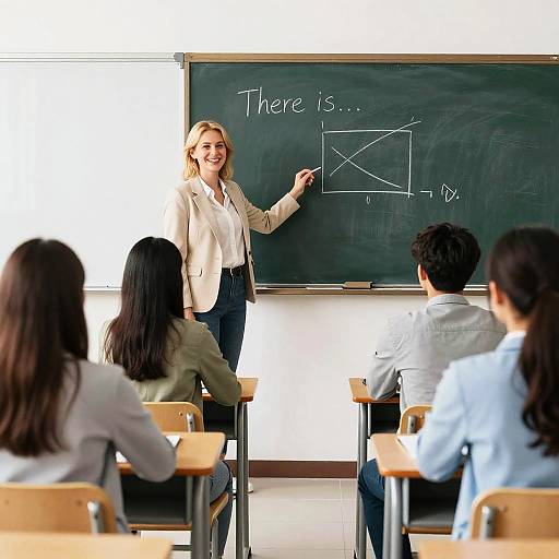 Smiling Teacher Writing on Chalkboard