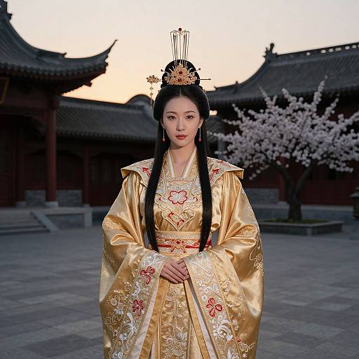Photograph of an East Asian woman in a golden, intricately embroidered traditional Korean hanbok with long black hair, ornate hairpiece, standing
