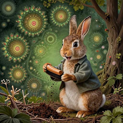 Digital illustration of a cute brown rabbit with white belly, wearing a green jacket, combing its fur in a magical forest. Background features glowing, circular