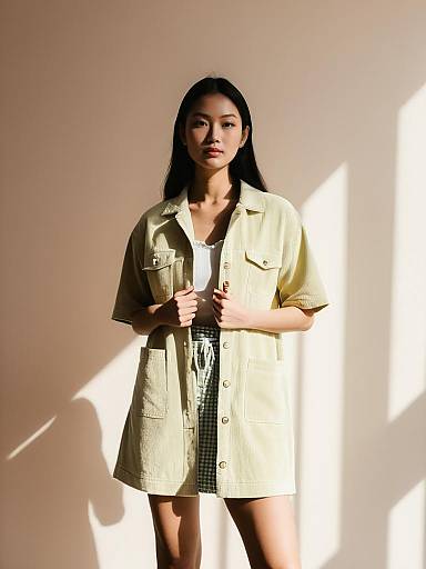 Woman in Chartreuse Corduroy Jacket and Gingham Mini Dress