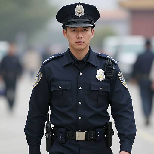 Photograph of a serious young male police officer in a dark blue uniform with badge, hat, and utility belt, standing in a blurred outdoor urban setting