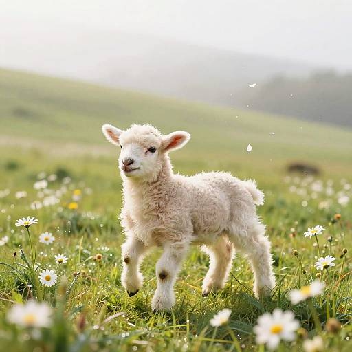 Playful Lamb in Pastel Spring Meadow