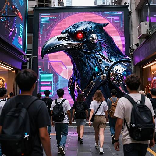 Chrome-Beaked Cyborg Raven in Neon Alley