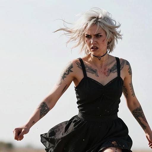 Photograph of a fierce, white-haired woman with tattoos, blood on her face, wearing a black dress, running against a bright white background.