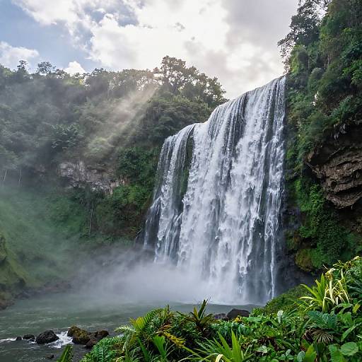 Photograph of a lush, tropical waterfall cascading down a rocky cliff, surrounded by dense greenery and mist, with sunlight beams cutting through the clouds