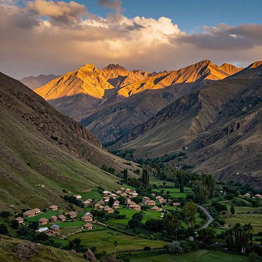 Photograph of a mountainous valley at sunset, with sunlit peaks, green fields, scattered houses, and a road winding through the landscape.
