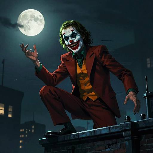 Digital artwork of Joker in red suit, yellow vest, white face paint, and red lipstick, crouching on rooftop under full moon.