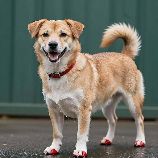 Happy Dog Wearing Red High-Heeled Shoes