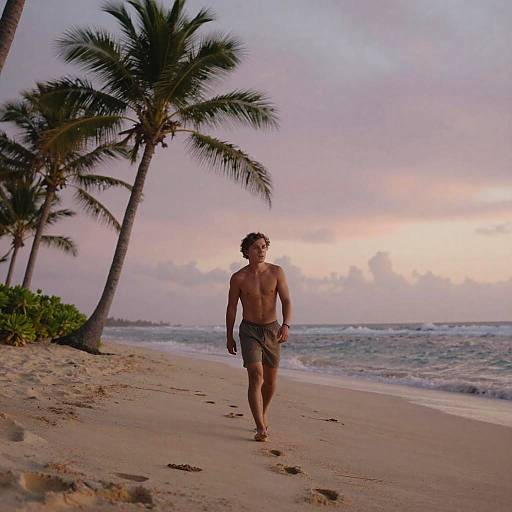 Photograph of a shirtless, muscular man in gray shorts walking on a tropical beach at sunset, with palm trees and gentle waves.