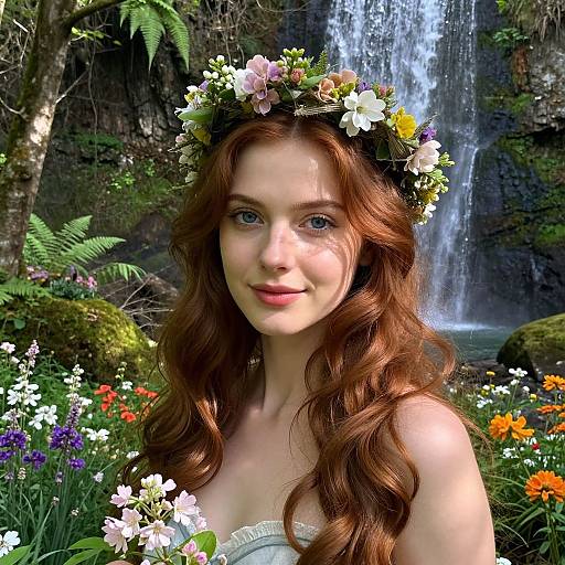 Photograph of a fair-skinned, red-haired woman with a floral crown, blue eyes, wearing a white dress, standing in a vibrant forest by