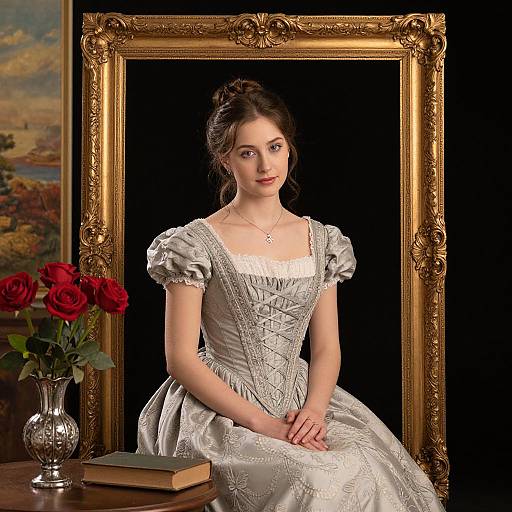 Photograph of a fair-skinned woman with dark hair in an elaborate, white, Victorian-style dress, seated in front of a gold-framed portrait