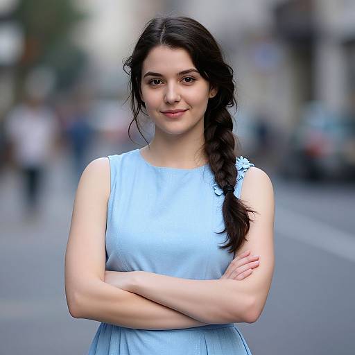 Photograph of a young woman with fair skin, dark brown hair in a braid, wearing a light blue sleeveless dress, standing with arms crossed