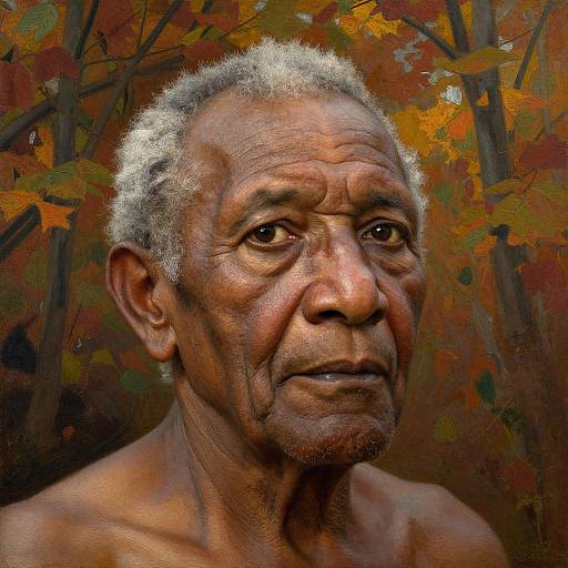 Digital painting of an elderly, shirtless man with wrinkled, dark brown skin, white curly hair, and expressive eyes, set against an autumn forest