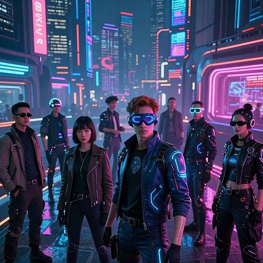 Neon-lit cyberpunk street scene: six people in black leather jackets with neon accents, blue visors, standing in front of vibrant, glowing