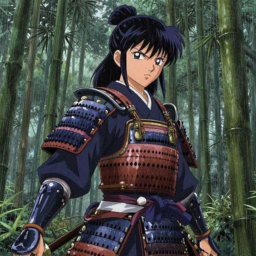 Anime-style digital drawing of a determined female samurai with black hair, wearing traditional armor, standing in a dense bamboo forest.