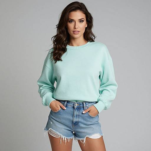 Photograph of a young woman with long, wavy dark hair wearing a light blue sweatshirt and frayed denim shorts, standing against a plain gray