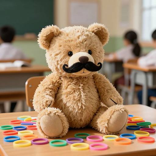 Photograph of a fluffy brown teddy bear with a black mustache, sitting on a wooden desk covered with colorful buttons in a classroom, with blurred