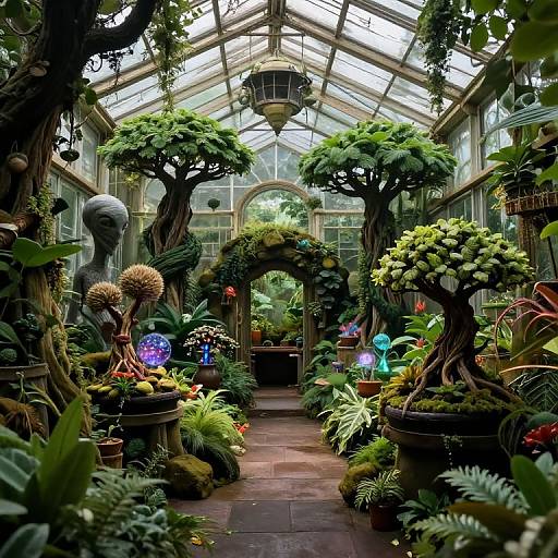 Photograph of a lush, steampunk-style greenhouse with twisted tree sculptures, vibrant plants, glowing blue and purple glass orbs, and a glass-pane