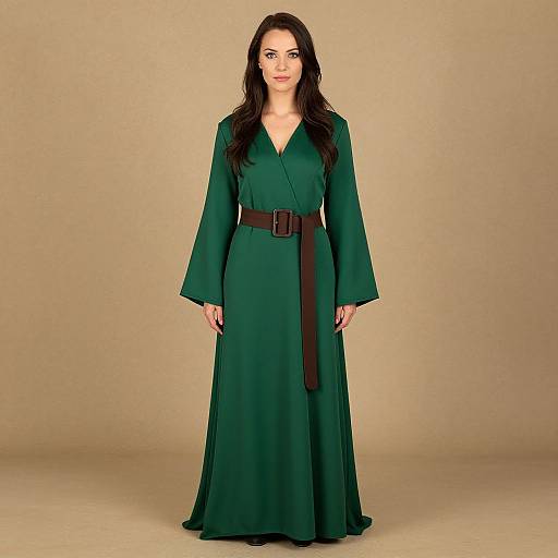 Photograph of a fair-skinned woman with long black hair, wearing a long-sleeve, V-neck, forest green dress with a black belt