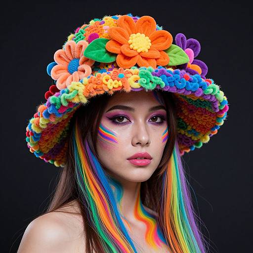 Photograph of an Asian woman with vibrant rainbow face paint, multicolored hair, and a colorful crocheted hat against a black background.