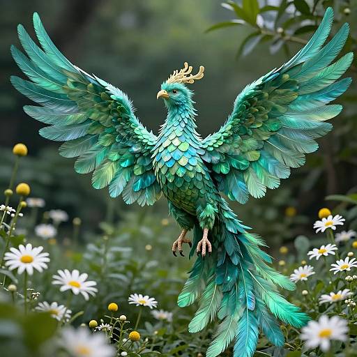 Digital artwork of a vibrant green, feathered phoenix with outstretched wings, golden crown, and yellow talons, soaring above a field of white