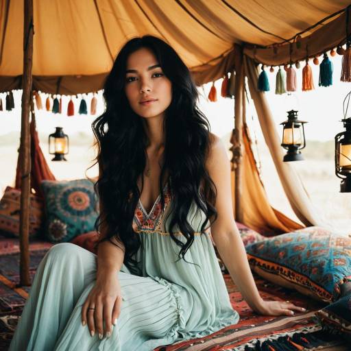 Woman in Bohemian Tent with Flowing Dress