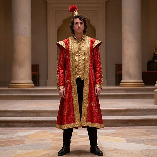 Young man in ornate red and gold royal coat with tall hat, standing in grand, columned hall. Photorealistic CGI.
